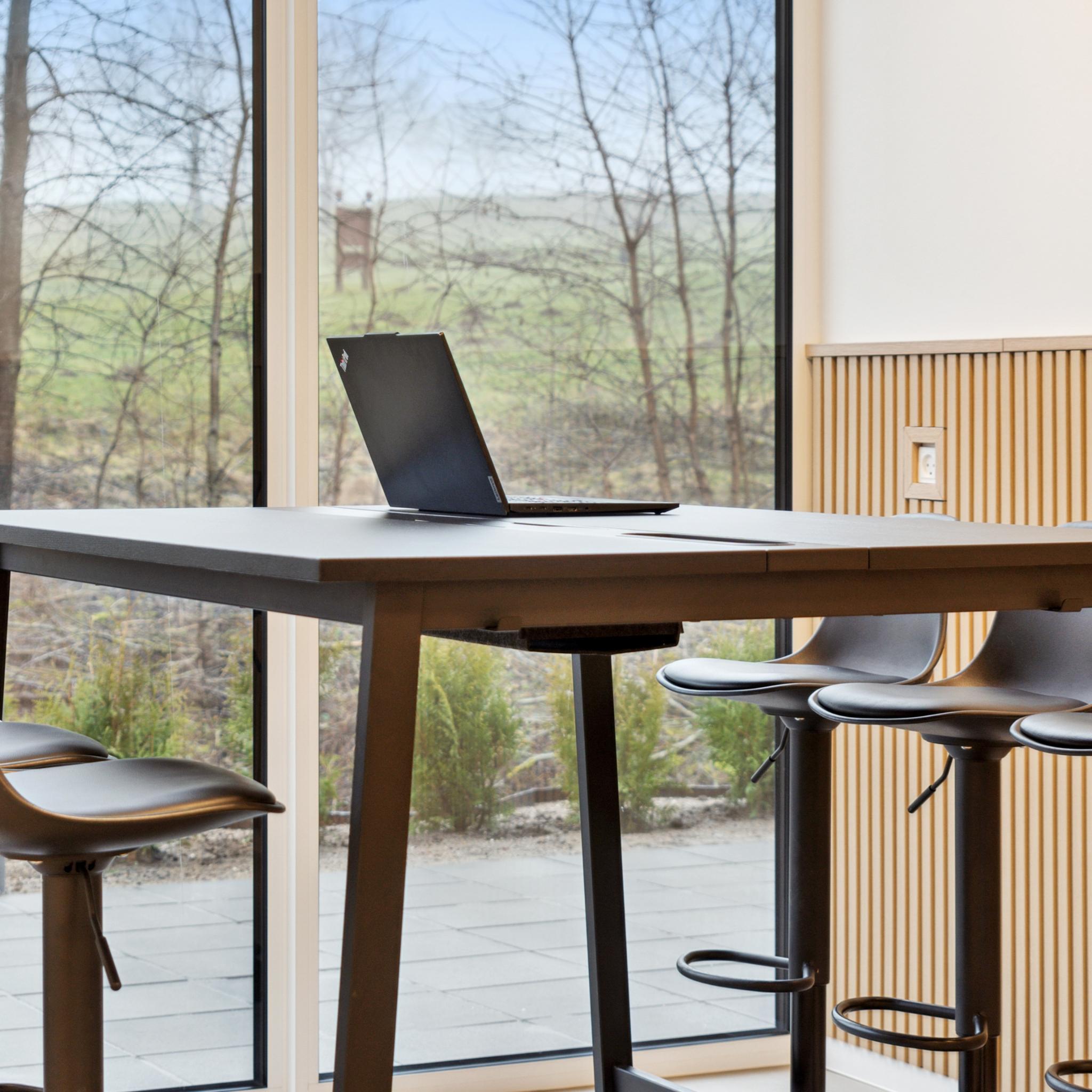 Arbejdsstation med laptop og udsigt til naturen – fleksibelt arbejdsområde på Easy Stay Hotel.